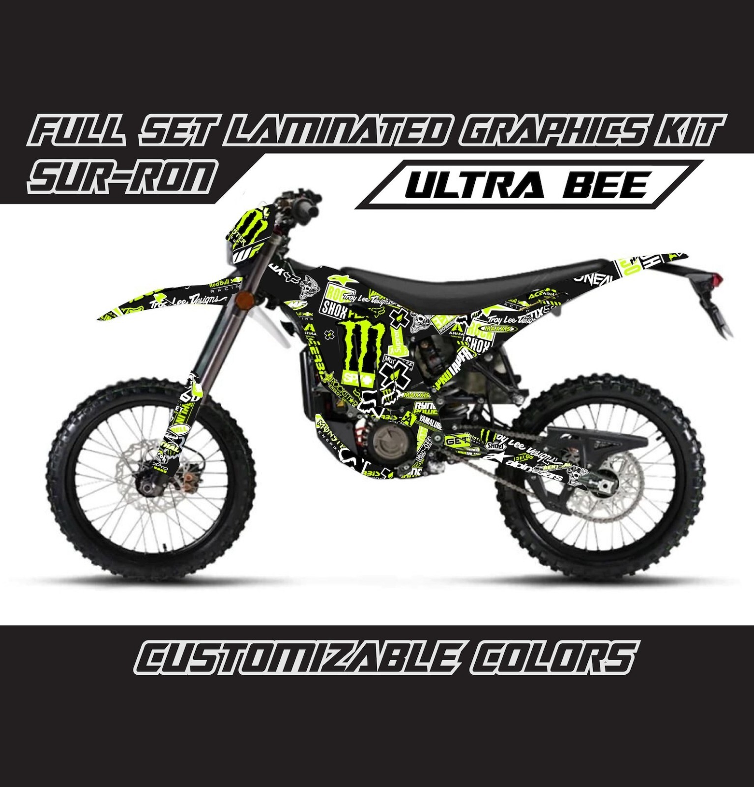 ULTRA BEE Sur Ron Stickerbomb Lime Green Full Graphics Decals Stickers MX Kit
