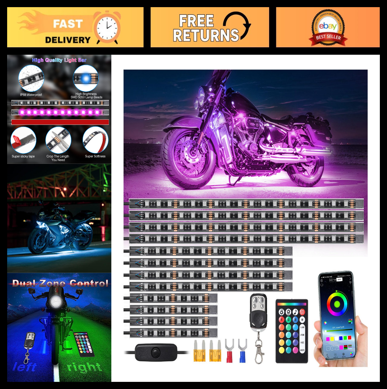12Pcs Waterproof RGB Motorcycle LED Lights Kit, Multicolor Underglow, APP/RF, Mu