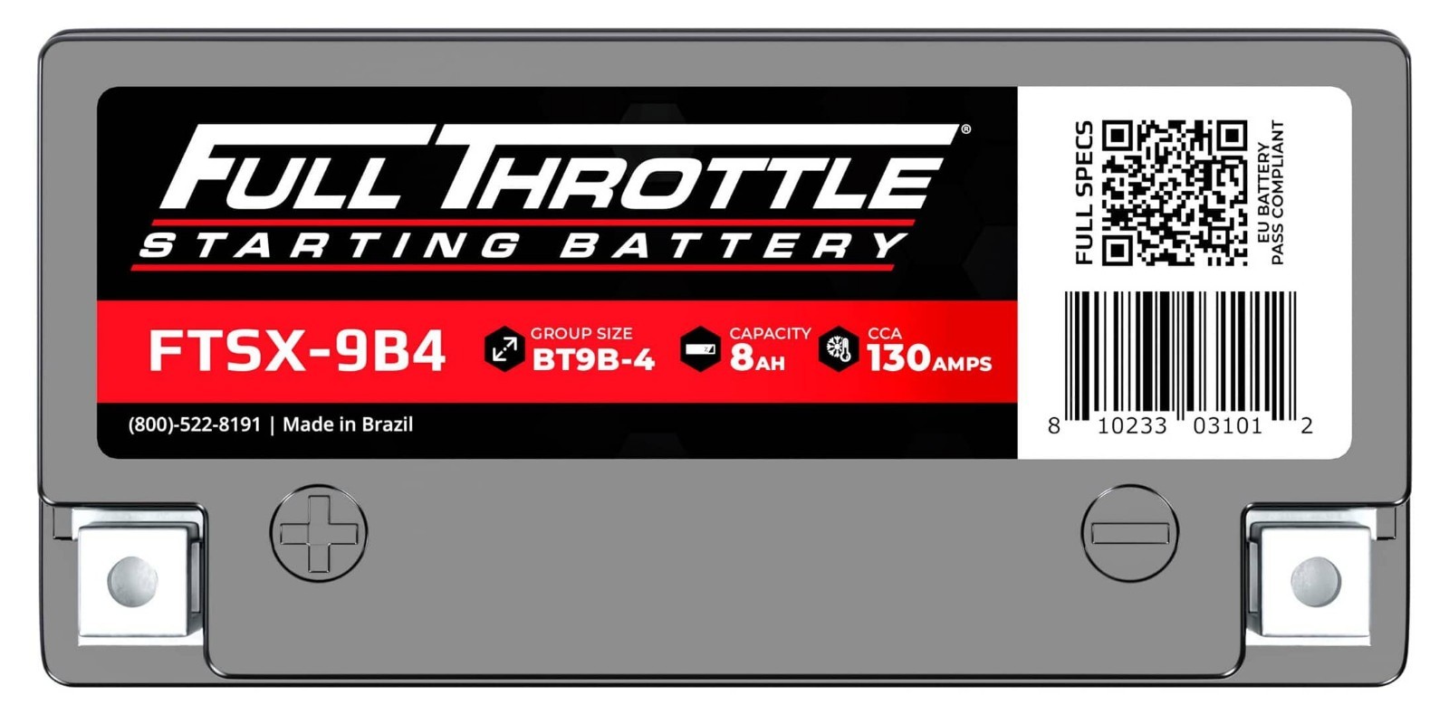 Full Throttle FTSX-9B4 12 Volt 8 Ah Rechargeable SLA AGM Battery, 130 CCA