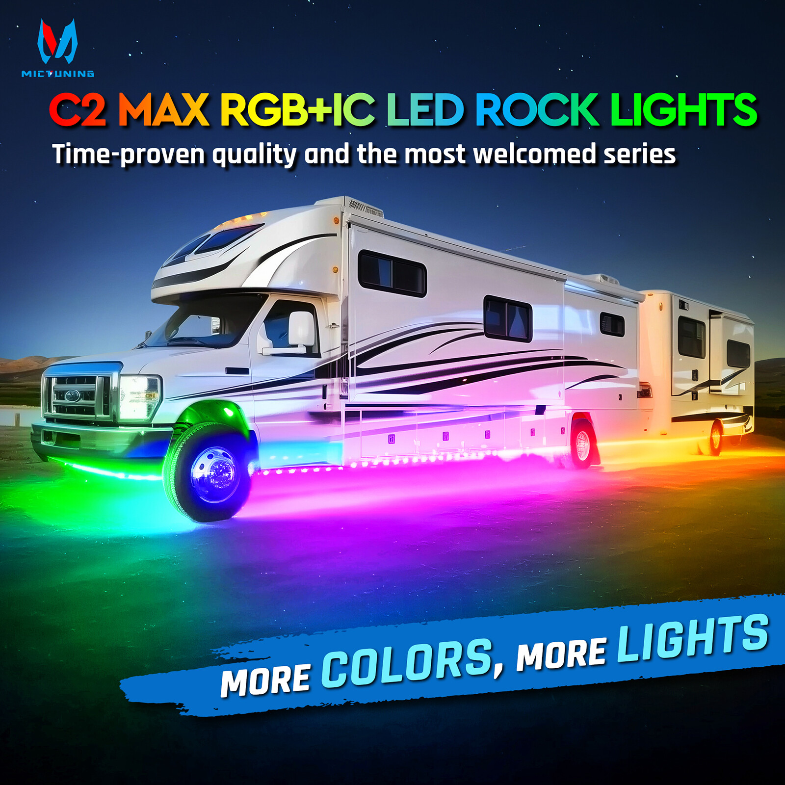 MICTUNING C2 RGB-IC LED Rock Lights 8 Pods Underglow Multicolor Chasing Neon Kit