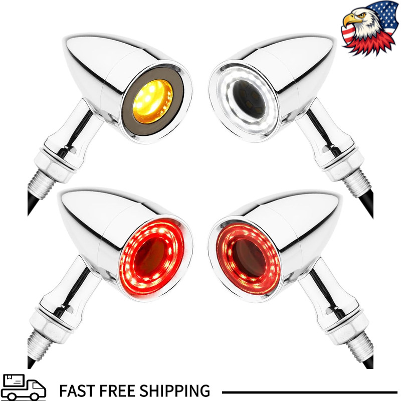 Motorcycle Front Rear Turn Signals LED Blinker 4PCS Chrome Ring Zinc Alloy Bulle