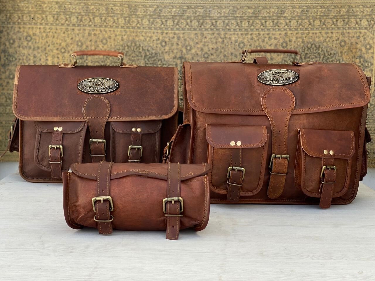 15 Inch X Large Leather Motorcycle Pouch Panniers Saddle Side 3 Bags Saddlebags