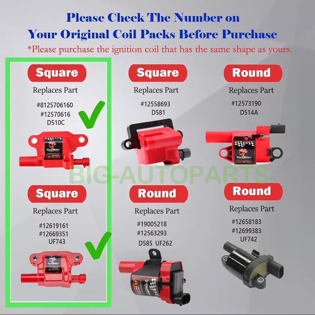 Square Style For 2015-18 Chevrolet Silverado 1500 V8 5.3L 6.2L Ignition Coil Set