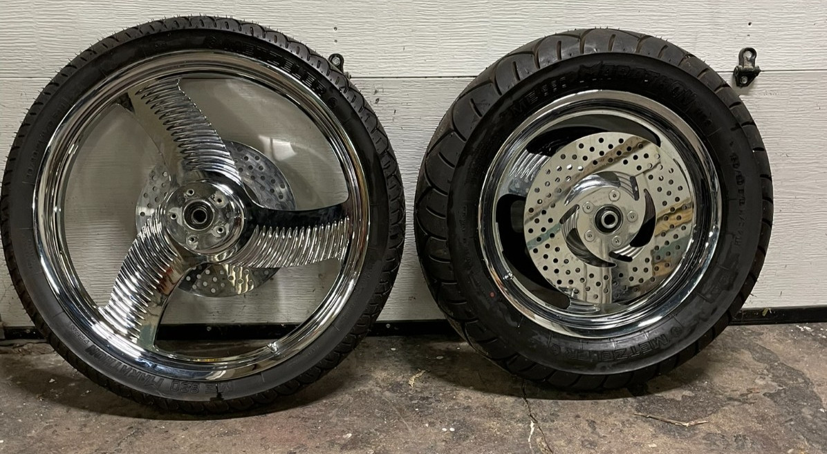 21 16 Chrome Billet 3 Blade Wave Wheel Set PM Harley Pro Street FXR CCI Chopper