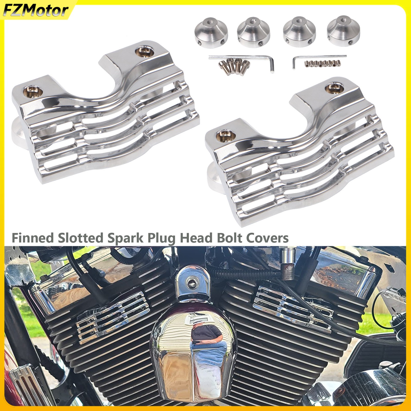 Chrome Finned Slotted Head Bolt Spark Plug Covers For Harley Touring Glide King