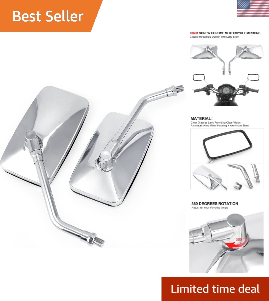 High-Quality 10MM Chrome Motorcycle Mirrors – Durable Aluminum, Easy Install