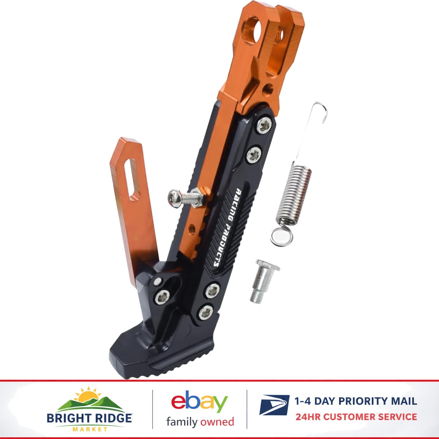 Durable CNC Aluminum Kickstand with Adjustable Height for Motorcycles – Orange