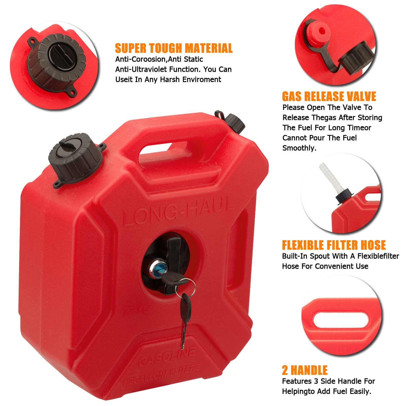 5L Gas Fuel Tank Gas Can Oil Storage Can For ATV UTV Gokart Motorcycle Car SUV