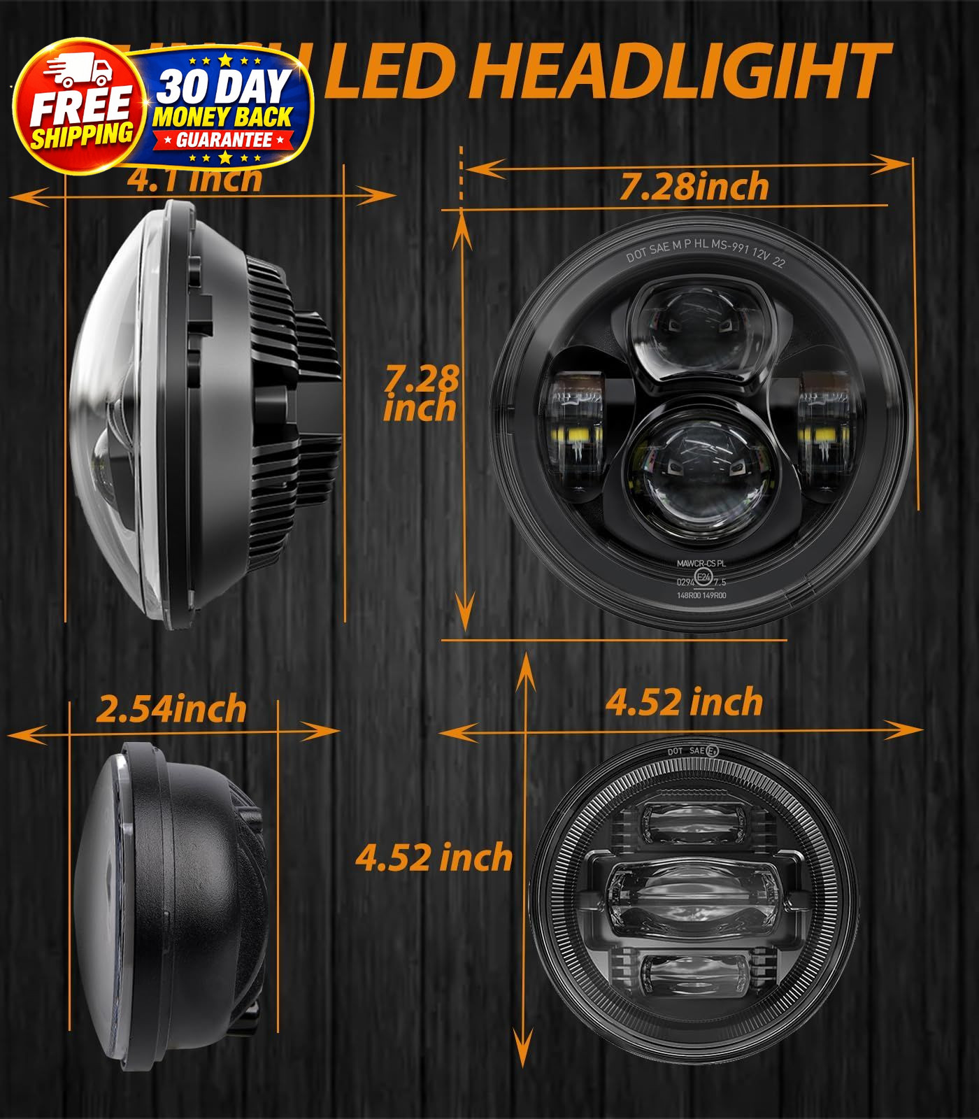 7 Inch Motorcycle LED Headlight 4.5″ Fog Passing Lights DOT Kit for Harley David