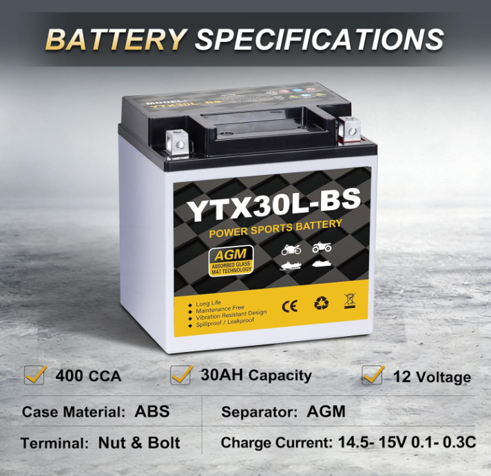 Batería Moto AGM Sellada 12V 30Ah 400CCA Libre de Mantenimiento YTX30L-BS
