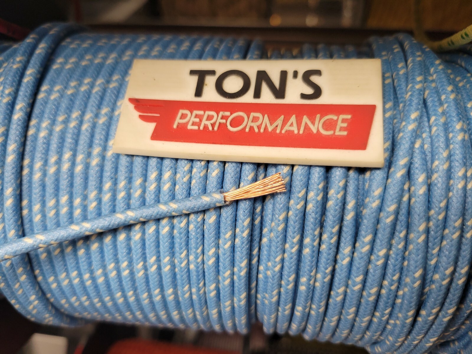 10 feet Vintage Braided Cloth Covered Primary Wire 14 GA gauge Blue w/ White