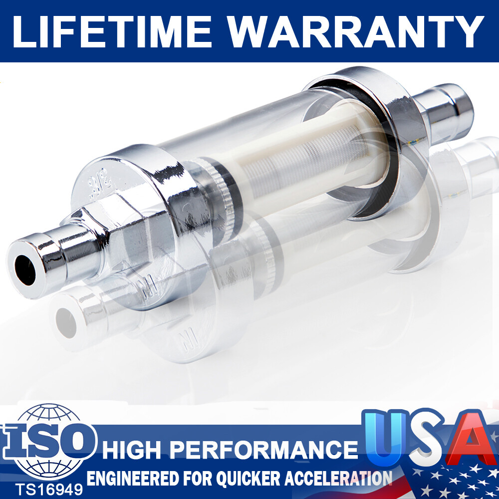 3/8” 9748 Universal Chrome Hose Barb Glass Fuel Filter Petrol Clear View Inline