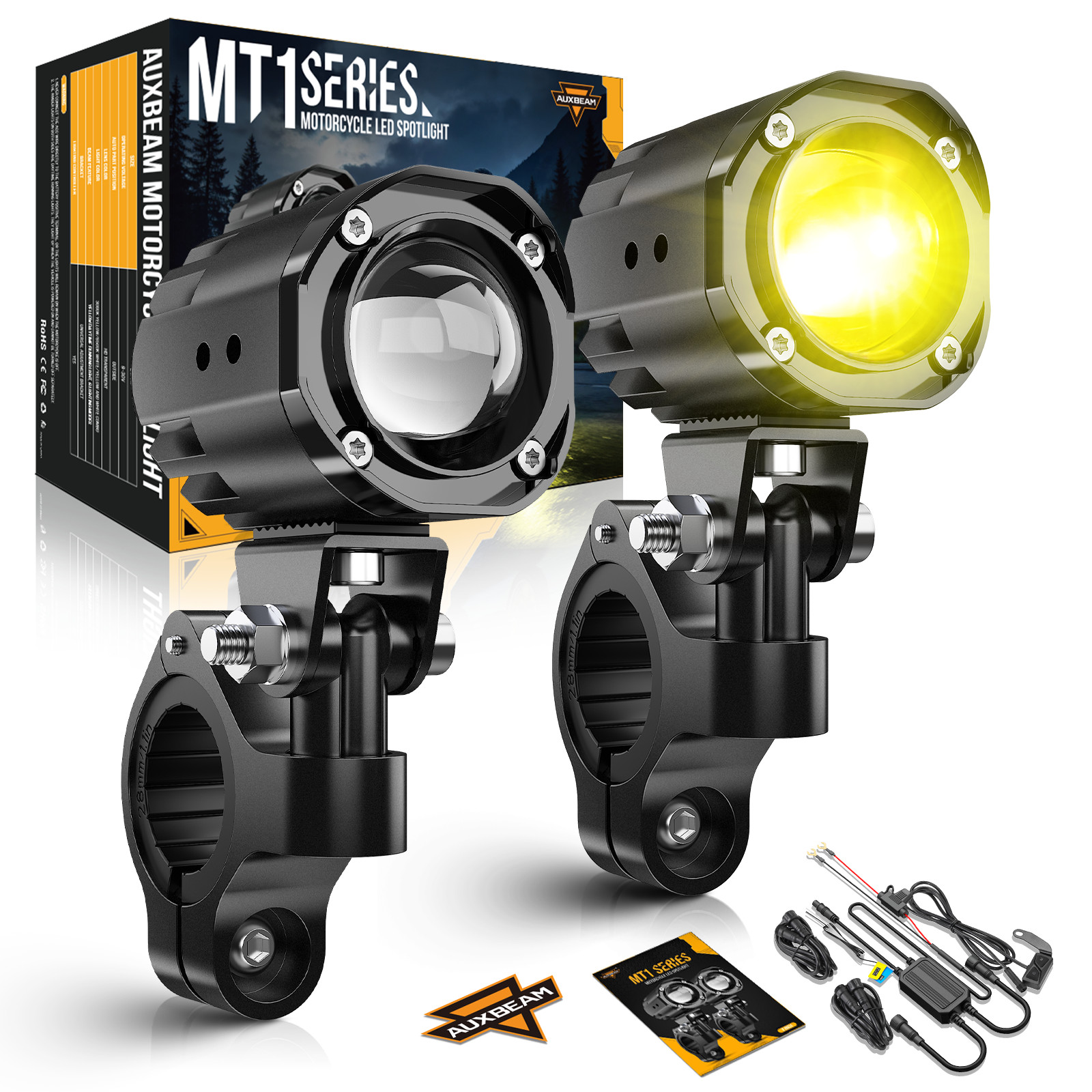 Auxbeam Motorcycle Auxiliary Driving LED Spot Lights White Yellow Hi‑Lo Beam