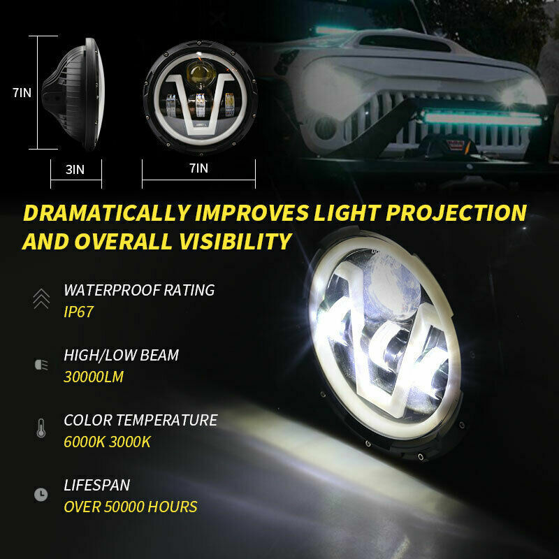 7″inch Round Motorcycle LED Headlight Hi/Lo Beam Turn Signal DRL Lamp For Harley