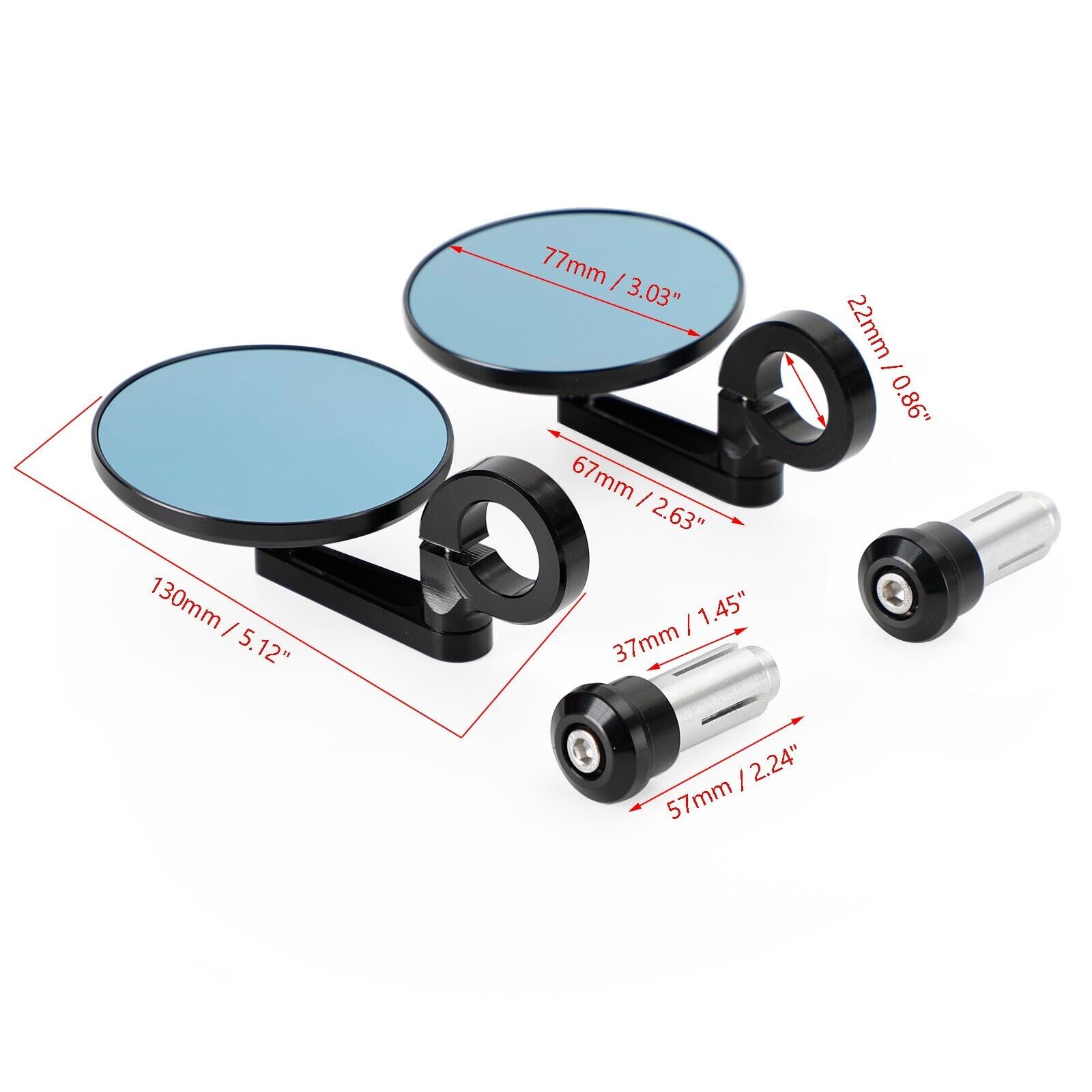 3″ CNC Round Handlebar End Mirror, Shrot Arm, Black, 7/8″-1″ BAR, Blue Glass V1