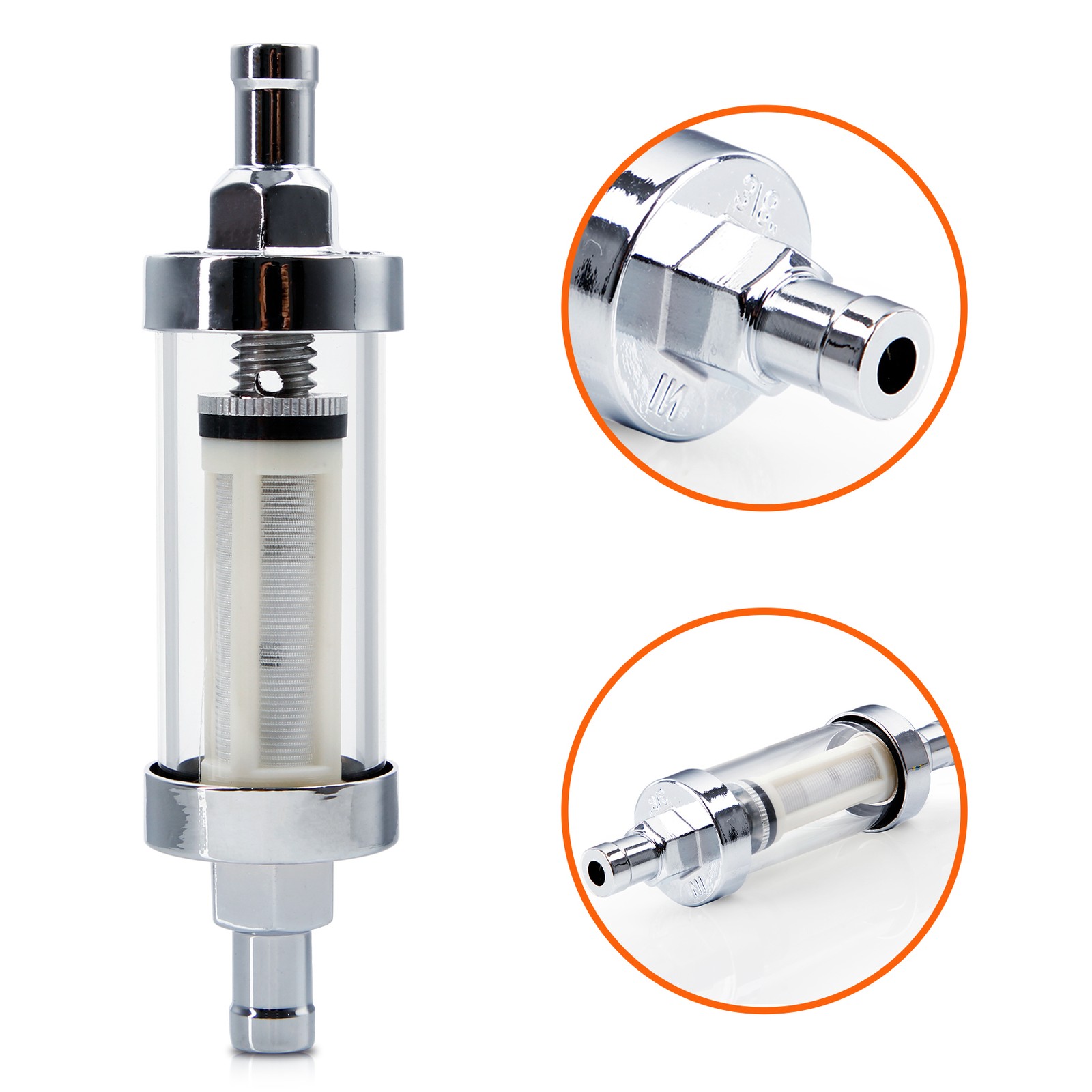 6mm 3/8 Chrome Finish Petrol In-Line Fuel Filter Simple To Install Clean