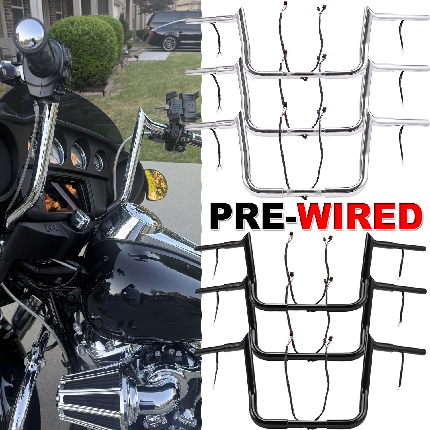 Black Chrome Bar 10″ 12″ 14″ Pre-Wired Handlebar For Harley Street Electra Glide