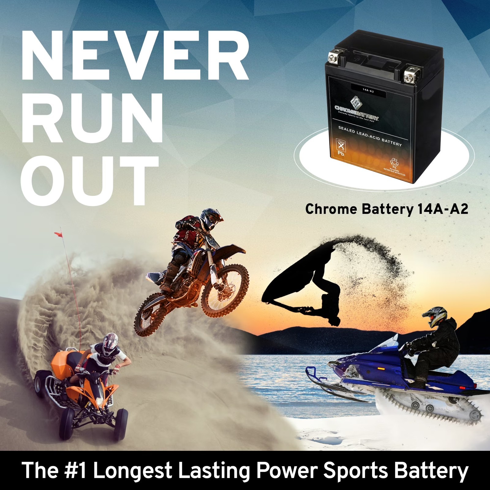 Chrome Battery YB14A-A2 AGM Sealed Motorcycle Battery 12V 14Ah 190CCA New