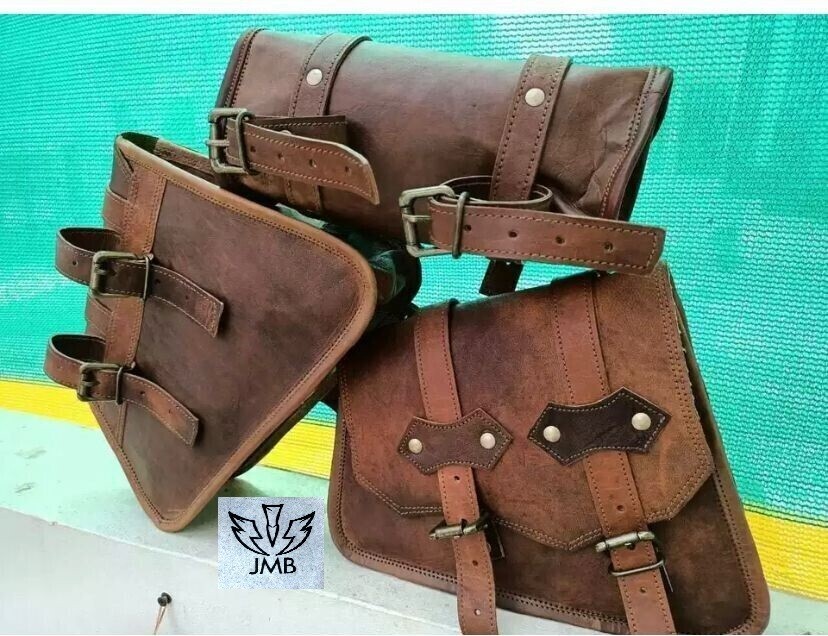 Motorcycle Leather 3 Side Swingarm Saddle Bag For Harley Street Bob Softail