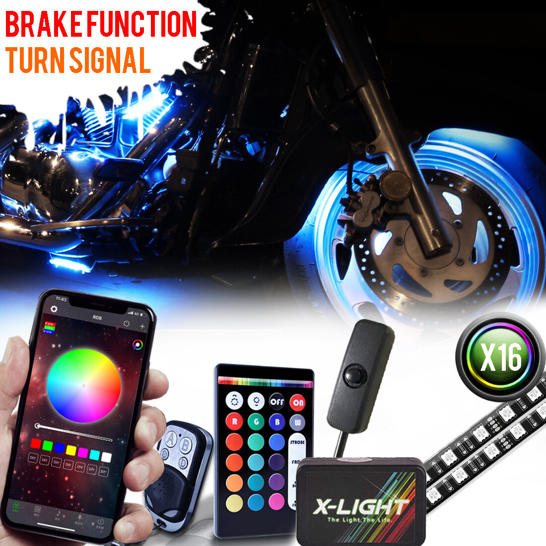 x16 LED Motorcycle Underglow Multi Color Lighting RGBW Kit Bluetooth IOS Android