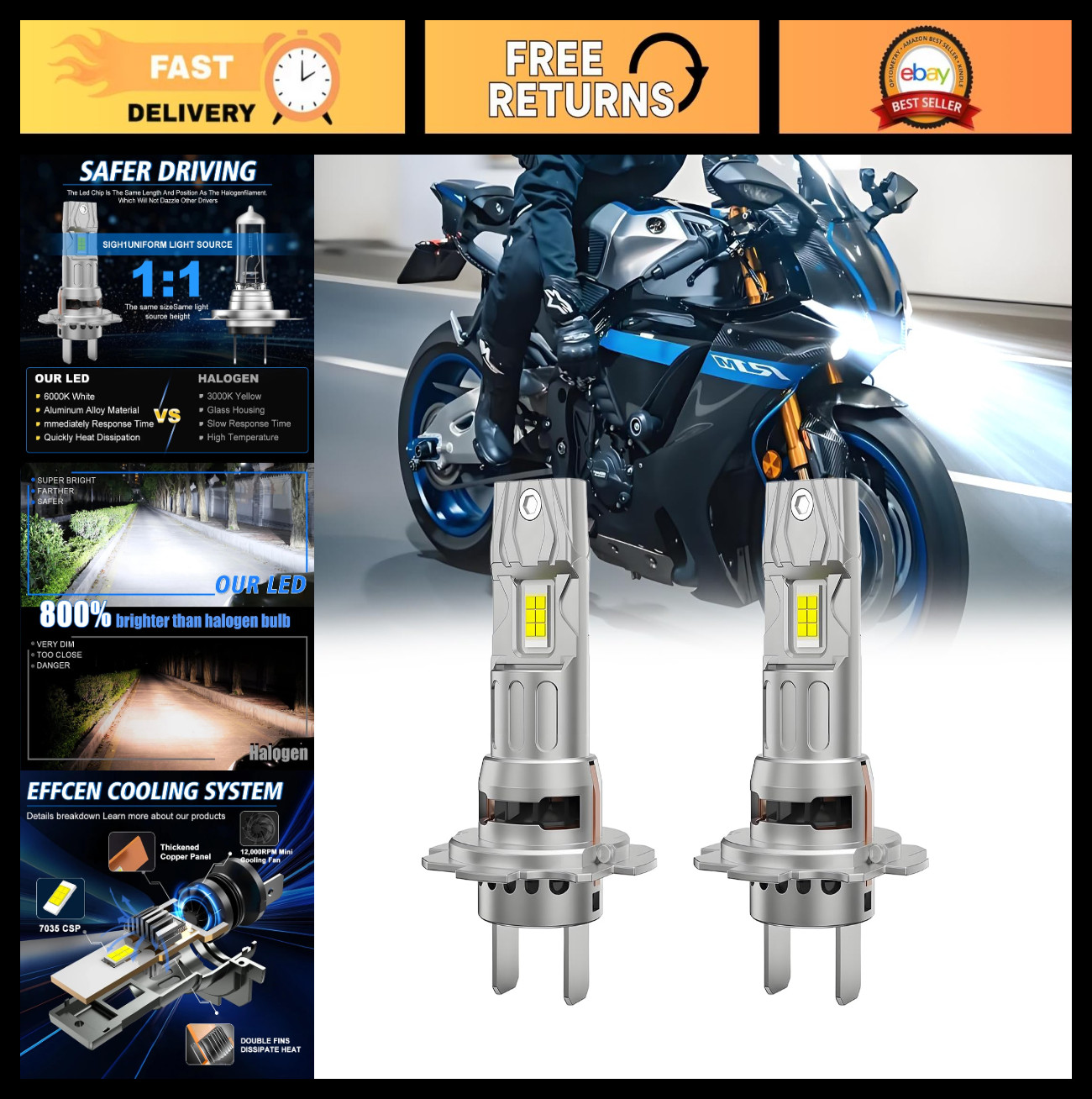 H7 Motorcycle Fog Light Bulbs 24000LM 6000K White Light, 800% Brighter, 2-Pack