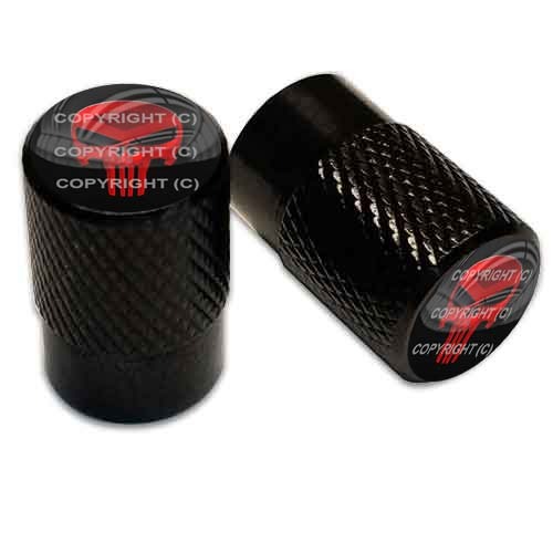 2 Black Billet Aluminum Knurled Tire Valve Caps – Red P Skull MT