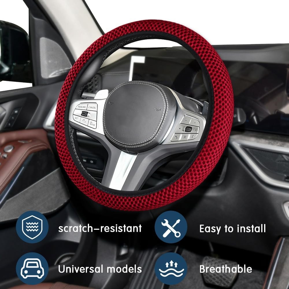 15 Inch Microfiber Breathable Anti-Slip Steering Wheel Cover Elastic SColor: Red