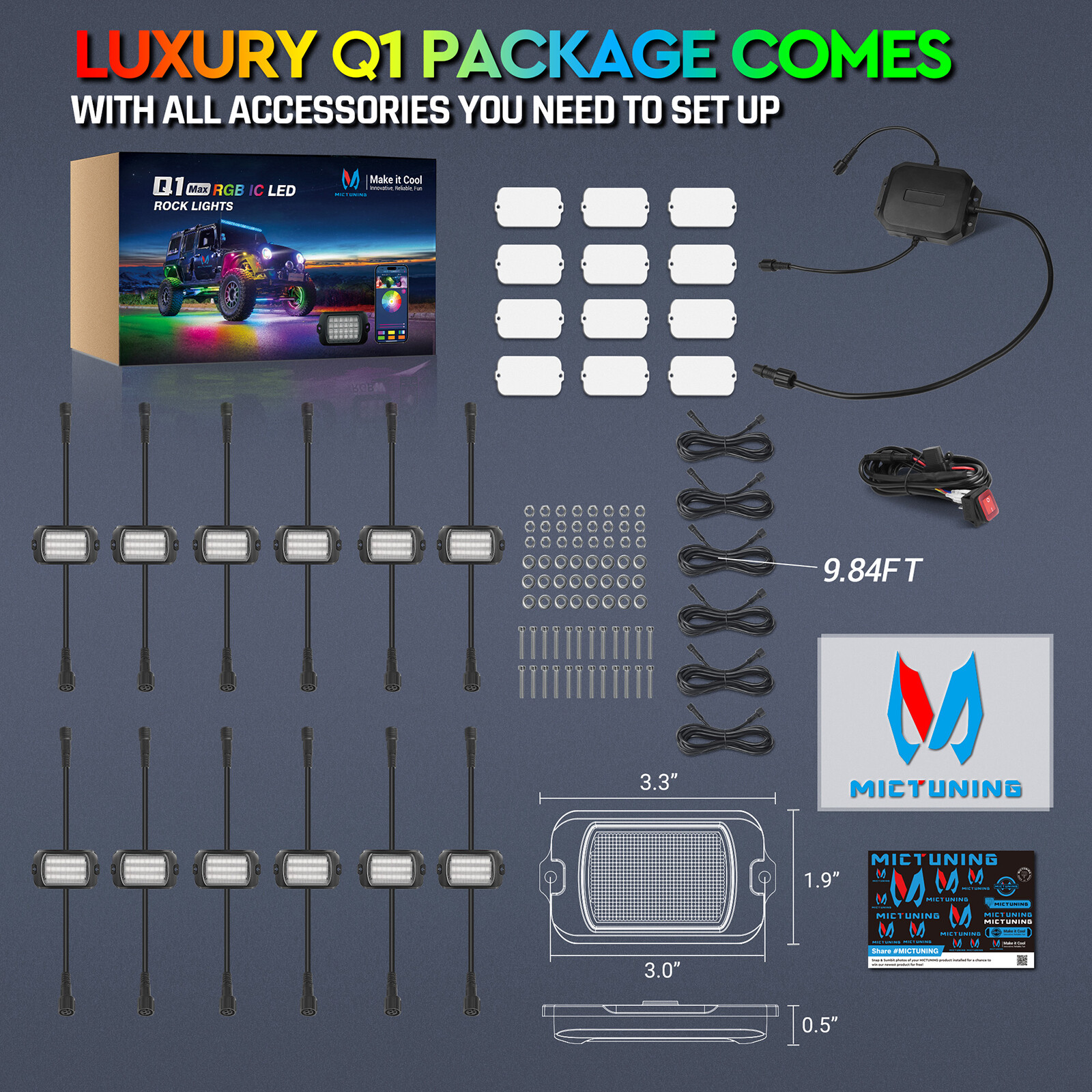 MICTUNING 1000% Bright Q1 MAX RGB+IC Chasing LED Rock Lights, 12 Pods Neon Lamp