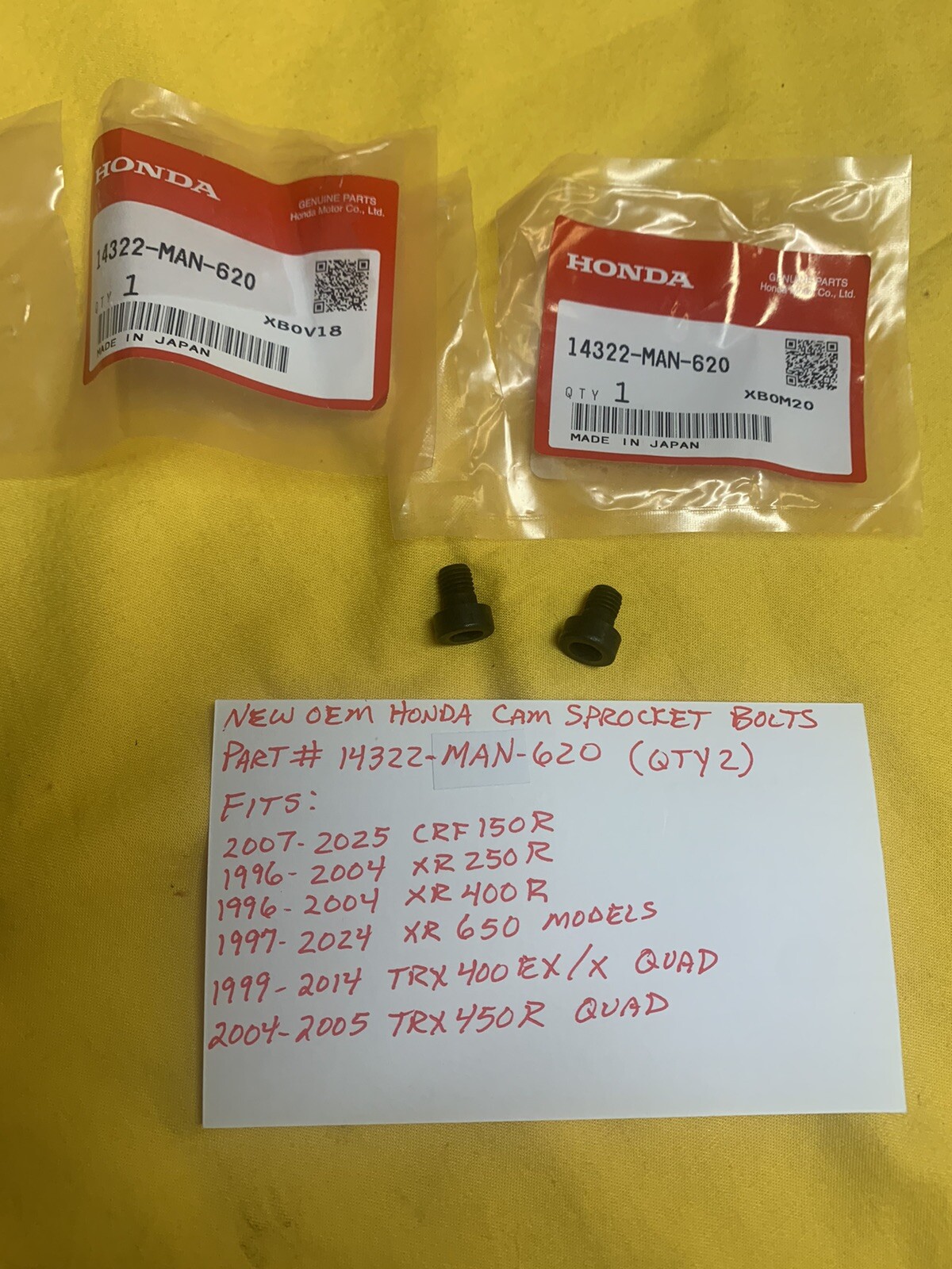 NEW OEM HONDA Cam Sprocket Bolts (14322-MAN-620) CRF150R, TRX400EX, XR400R, 250R