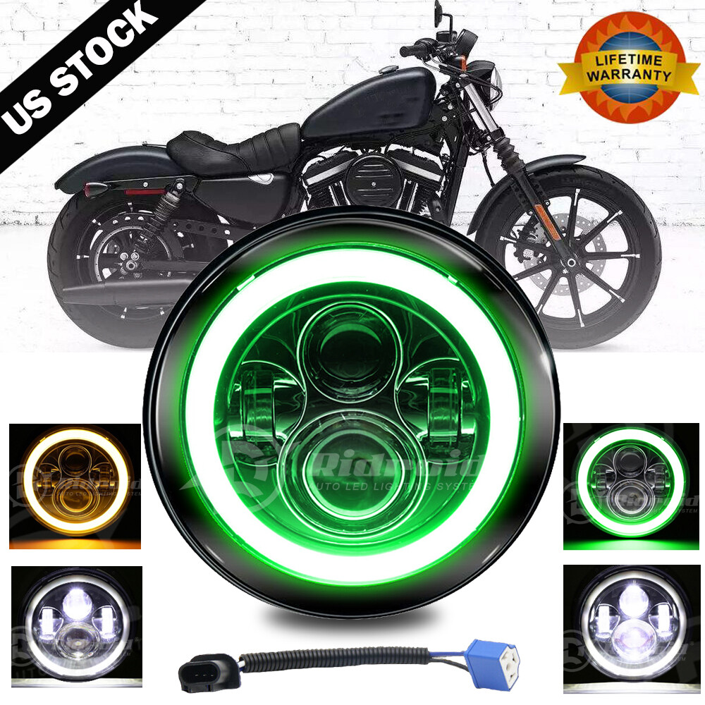 7” Inch Motorcycle LED Round Headlight Green halo Lights For Harley Davidson
