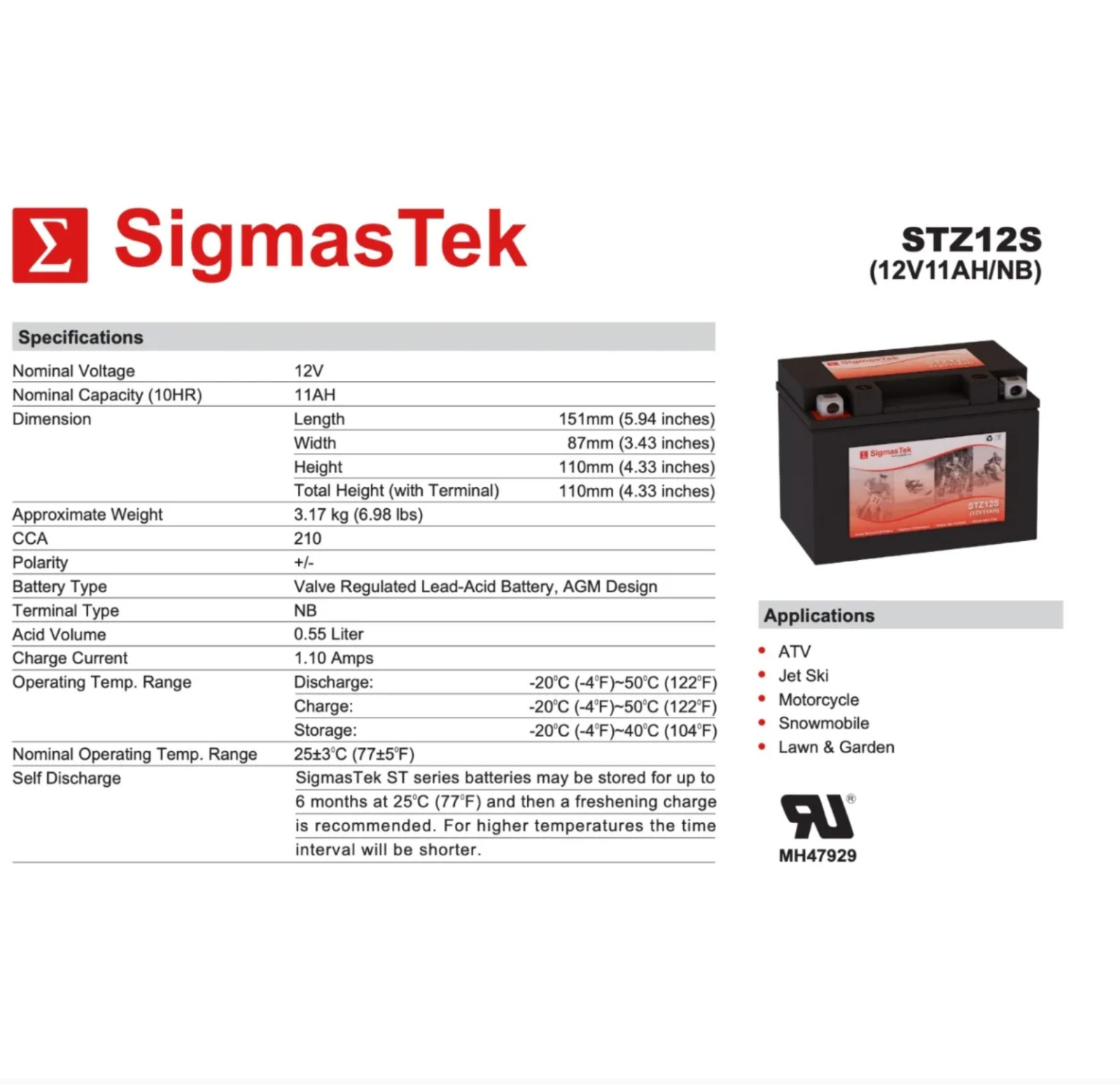 Replacement For Yuasa YTZ12S Motorcycle Battery by SigmasTek