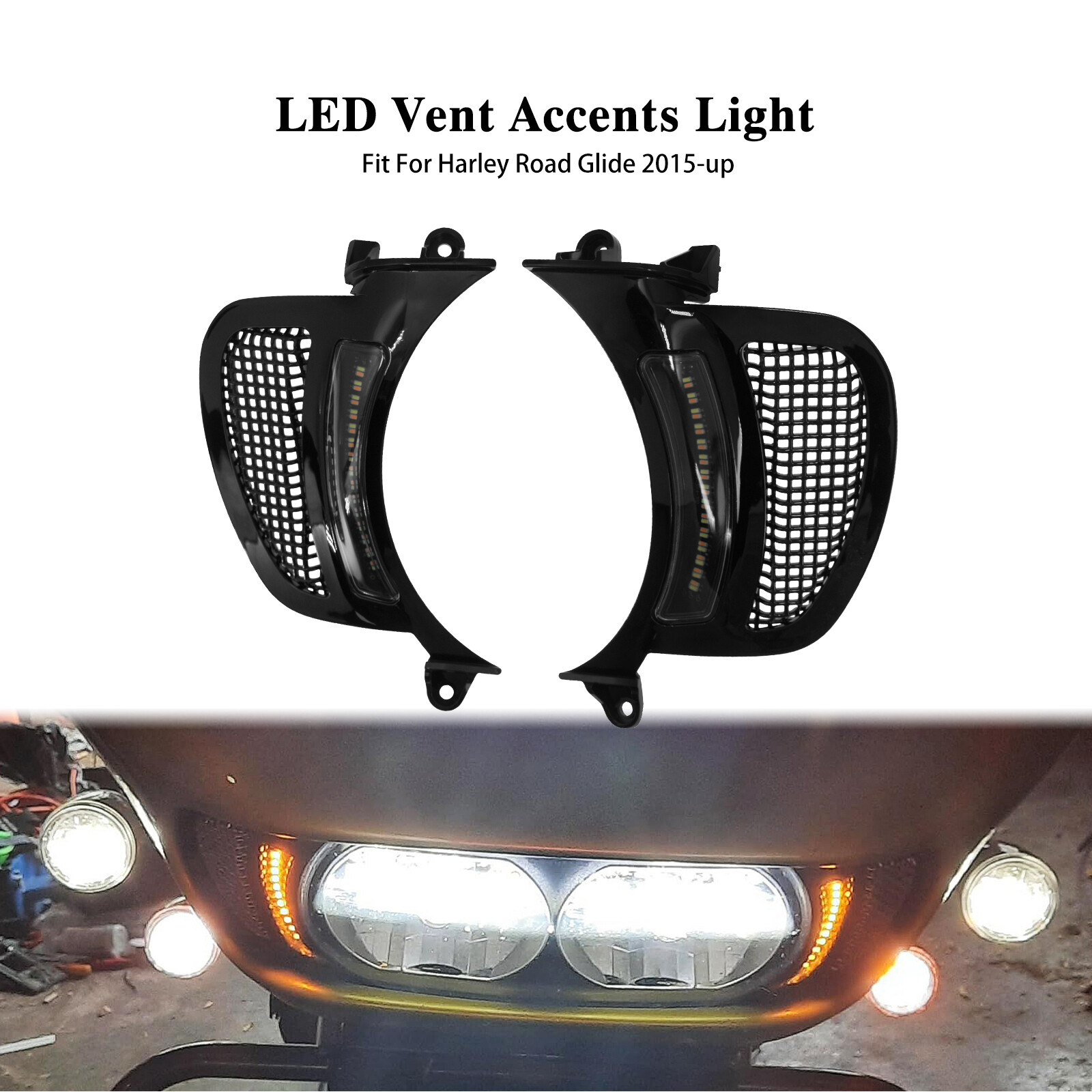 LED Black Mesh Vent Insert Headlight Accent Light Fit For Harley Road Glide 15+