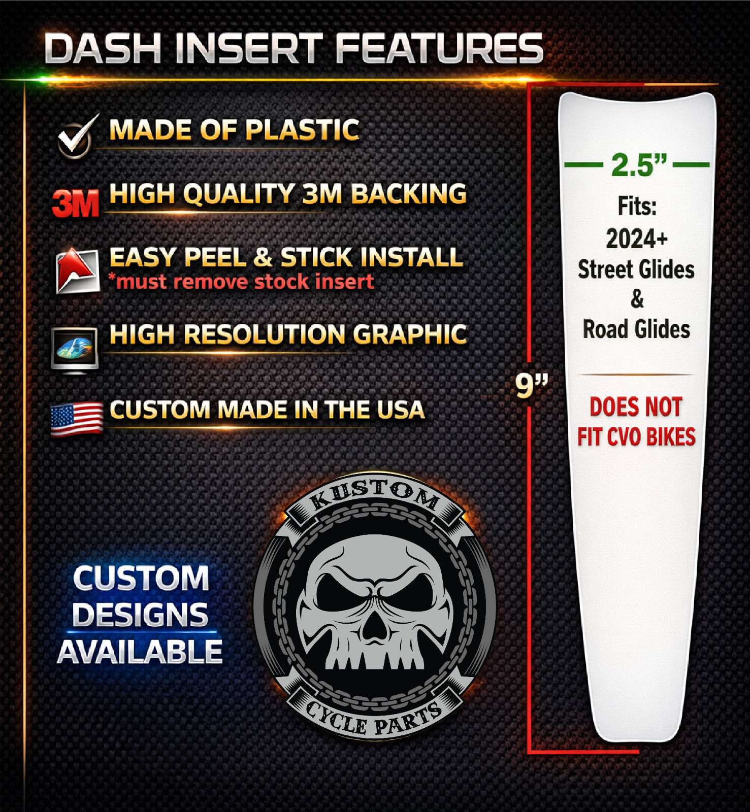 Black and Grey American Flag Dash Panel Insert Fits 2024 Street & Road Glides