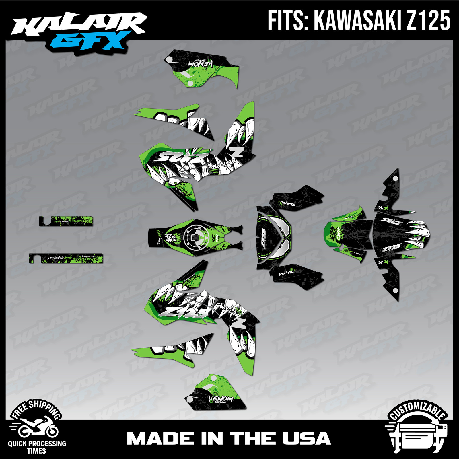Graphics Kit for Kawasaki Z125 (2017-2025) Carnage Series-GREEN