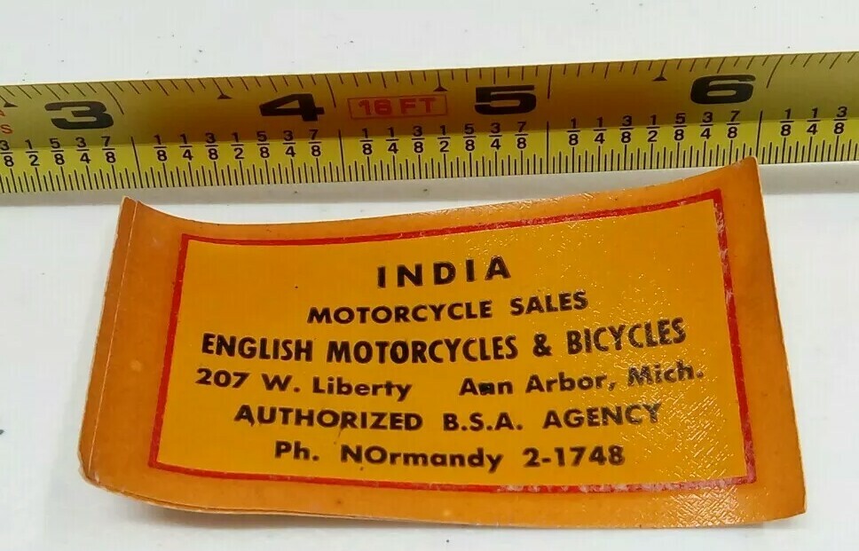 INDIA MOTORCYCLE SALES ANN ARBOR ENGLISH BICYCLES INDIAN DECAL ORIGINAL BSA 1950