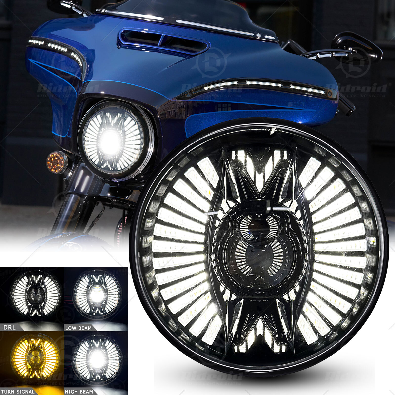 7” 7inch Round Motorcycle LED Headlight With Halo DRL Turn Signals for Harley