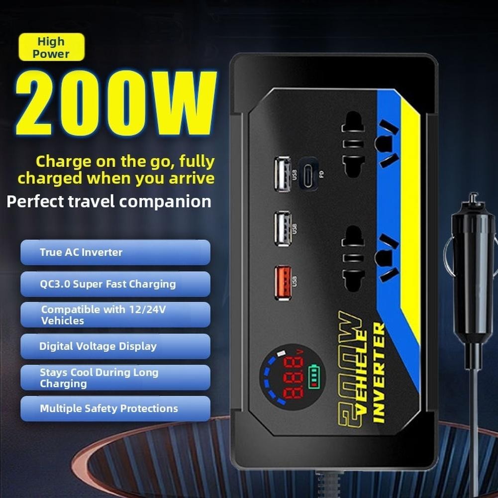 12V 24V DC Car Inverter 200W to 110V 220V AC with 3 USB Ports for Fast Charging