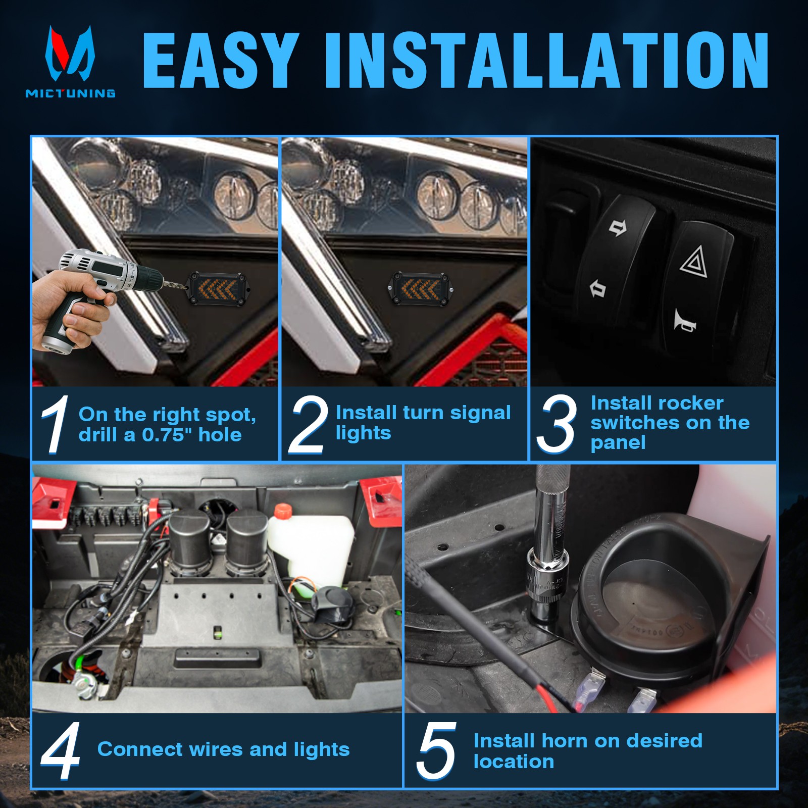 Street-Legal ATV/UTV Turn Signal w/ 110D Horn Triangle LED Blinkers & Switch Kit
