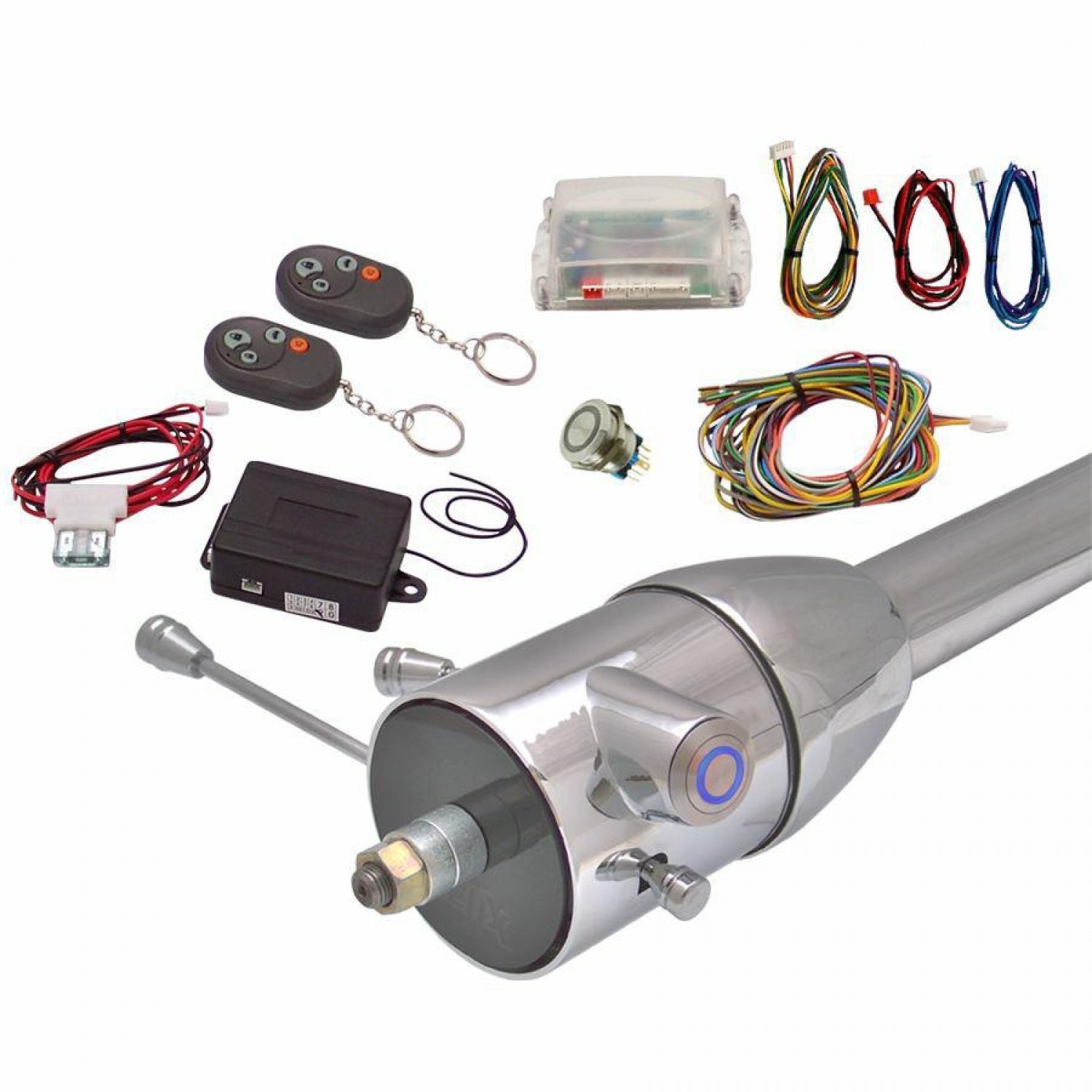 Blue LED Billet Push Button Engine Start Stop, Keyless Entry, & Remote Start Kit