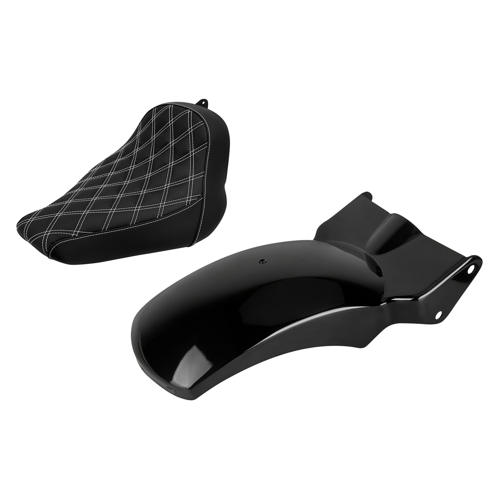 White Stitching Solo Seat Short Fender w/ LED Light Kit For Harley Softail 18-25