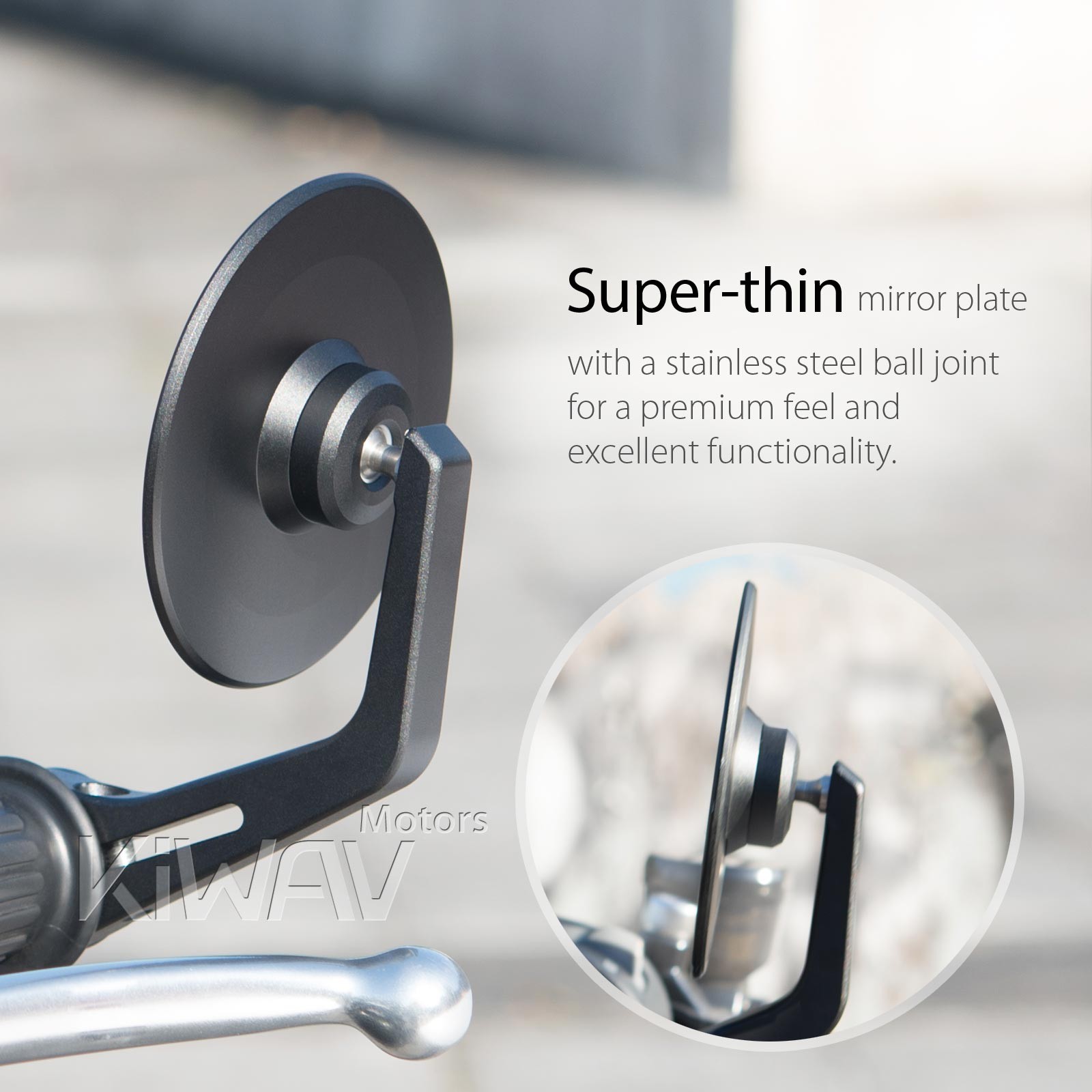 VAWiK round black thin slim stealth bar end mirror x1 COLIN M8 bolt-on clamp on