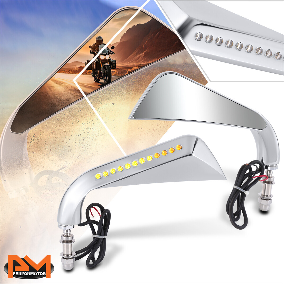 Universal Axe Side Mirrors w/LED Turn Signal Light Chrome for Naked Bike Cruiser