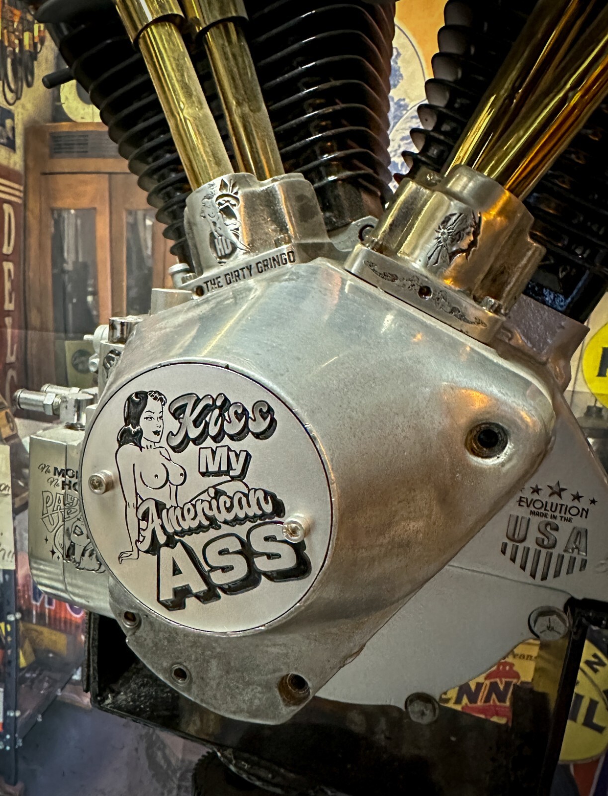 Kiss My American Ass w Titties Evo Shovelhead 2Hole Timing Cover Harley Davidson