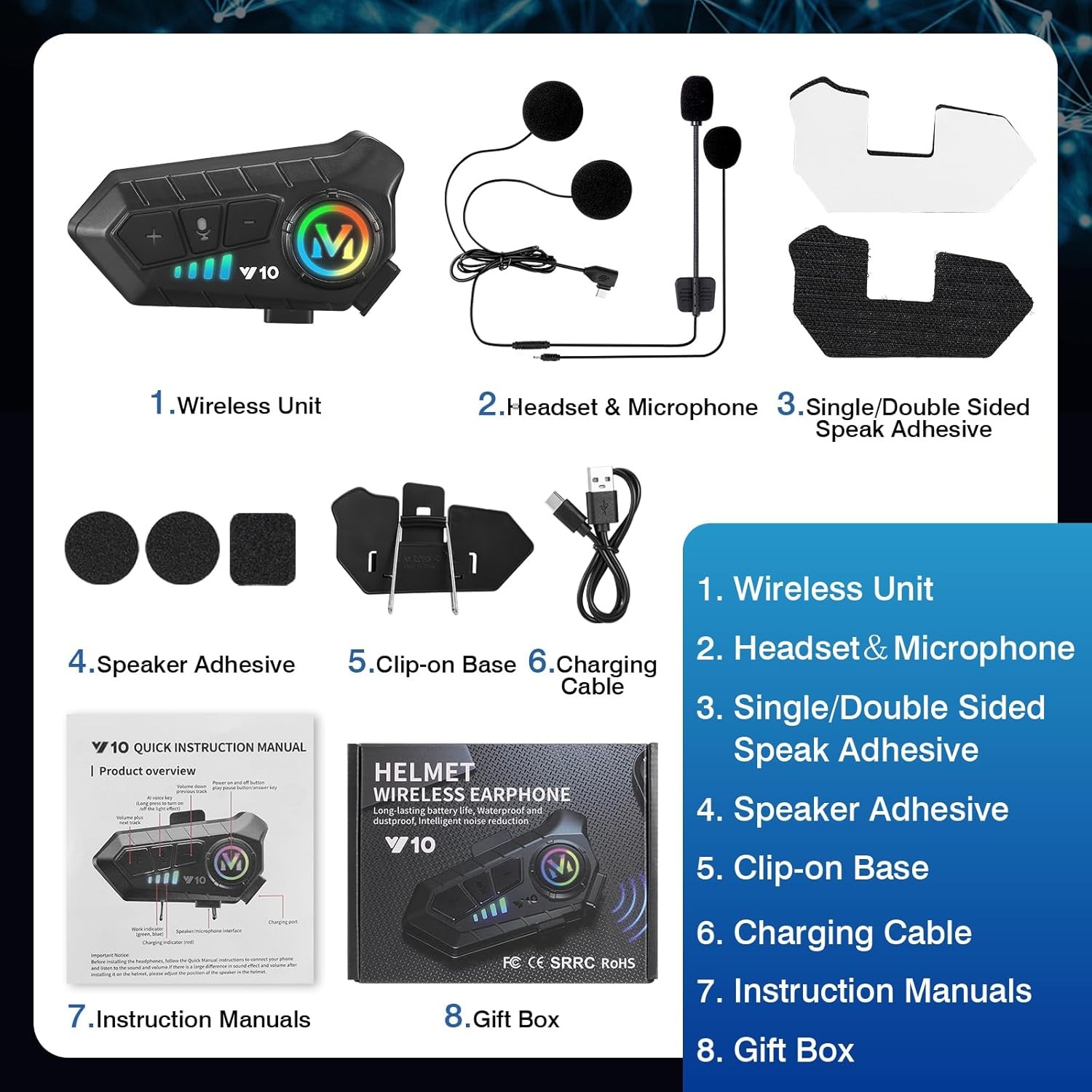 Motorcycle Helmet Headset Bluetooth 5.3 Speaker Waterproof Hands-Free with Mic