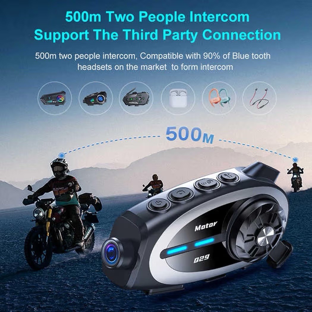 Q29 Motorcycle Bluetooth Helmet Intercom with 1080P HD Camera and IPX6 Waterproo