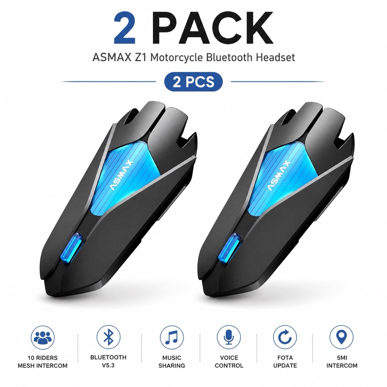 2 Pack ASMAX Z1 Motorcycle Bluetooth Mesh Headset Helmet Intercom V5.3