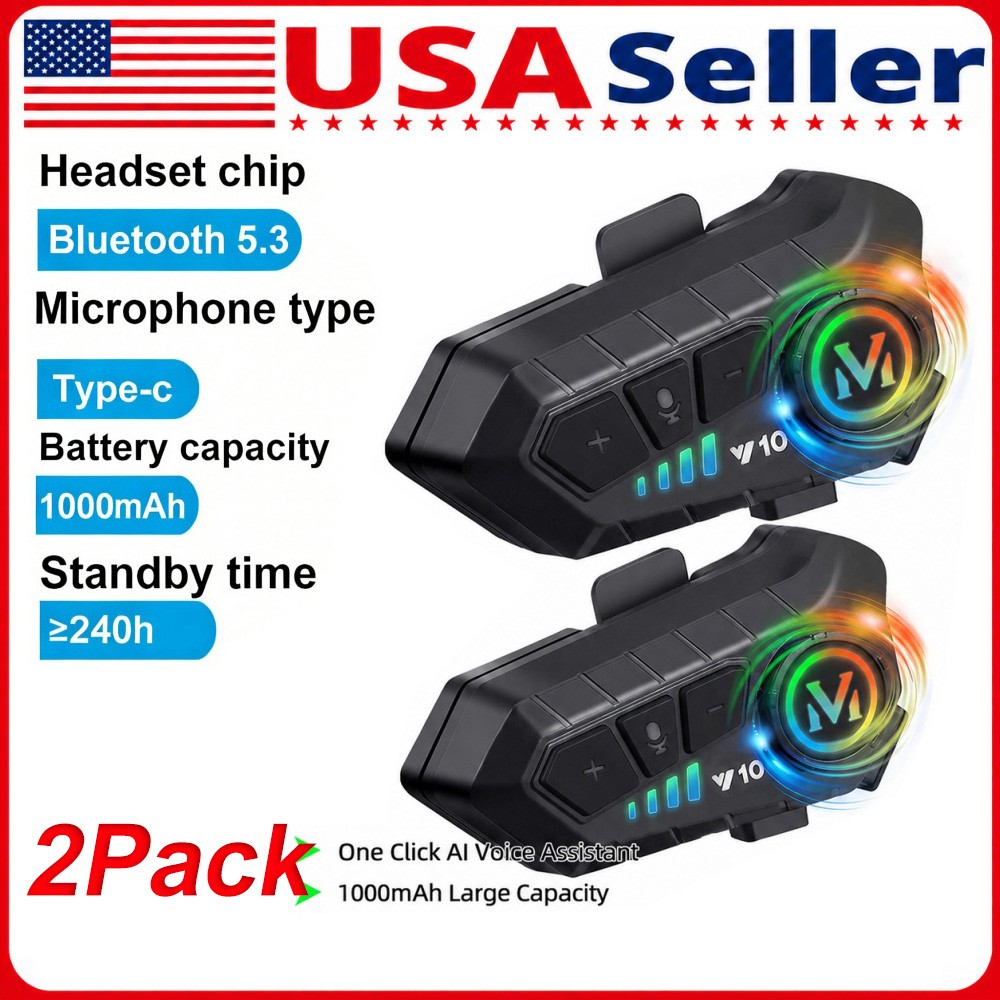 2PCS Bluetooth 5.3 Motorcycle Helmet Headset Waterproof Headphone Hands-Free LED