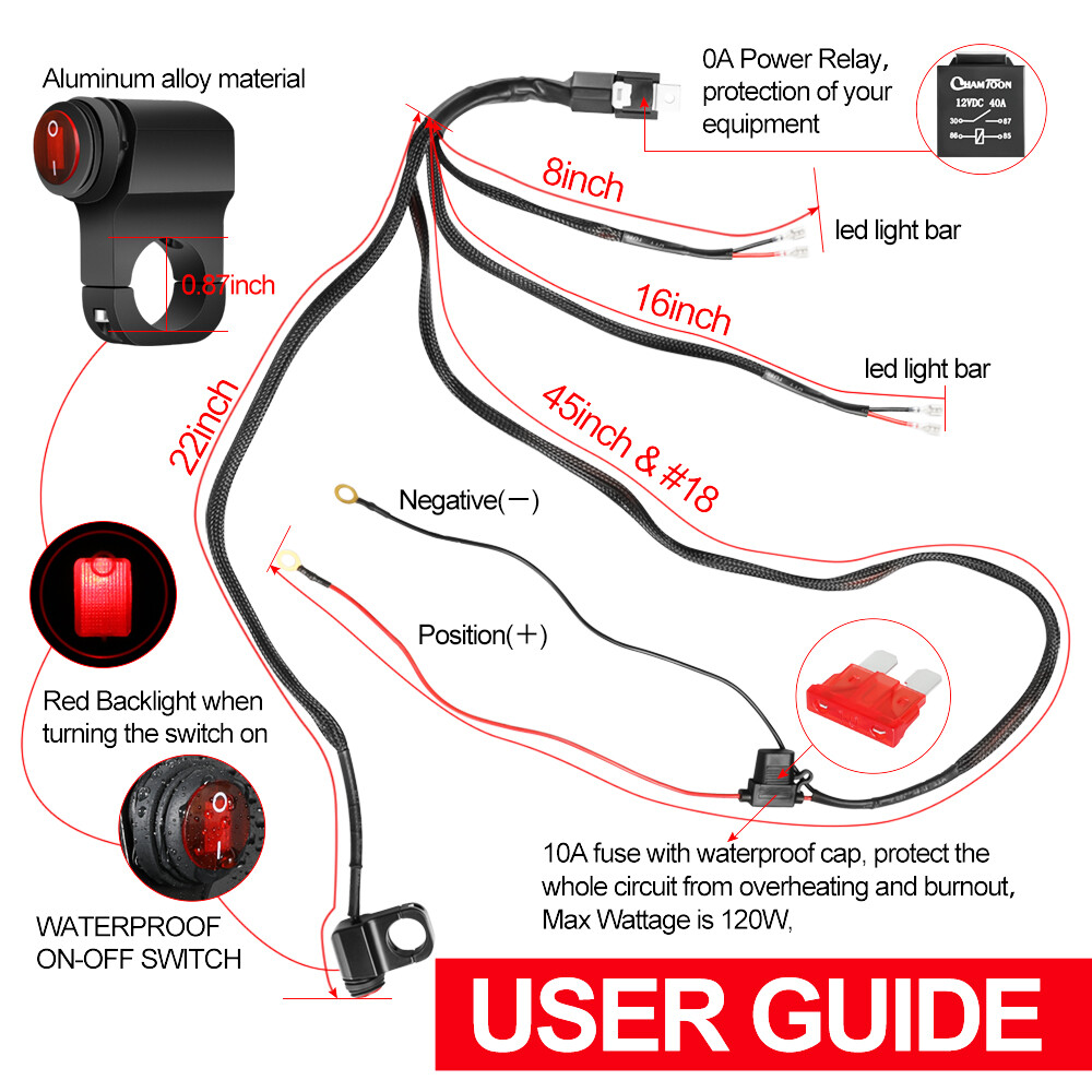 2-Way Wiring Harness Kit ON/OFF Handlebar Switch Relay Fuse for LED Light Bar