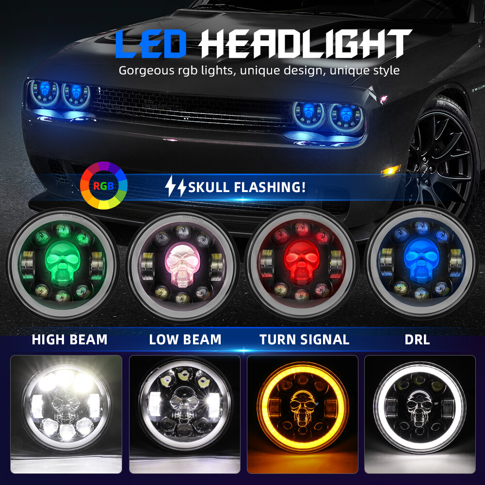 RGB Skull 5-3/4″ 5.75 LED Headlight Hi/Lo Beam for Sportster XL 883 1200 Dyna