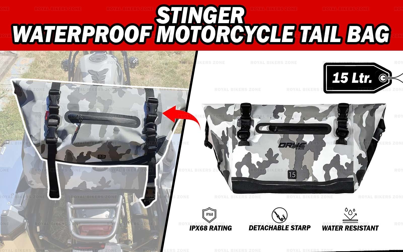 “Waterproof Universal Motorcycle Tail Bag Stinger 15L IPx6”